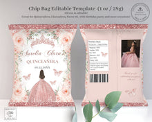 Load image into Gallery viewer, Chip Bag EDITABLE TEMPLATE Blush Floral Princess Dress Rose Gold Quinceañera Sweet 16 Birthday Favor Instant Download Printable QC45
