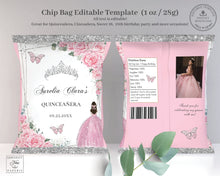 Load image into Gallery viewer, Chip Bag EDITABLE TEMPLATE Pink Floral Butterflies Silver Quinceañera Sweet 16 Birthday Favor Instant Download Printable QC24