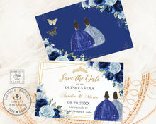 Load image into Gallery viewer, Chic Baby Blue Royal Blue Floral Twins Quince Girls Quinceañera Sweet 16 Birthday Save the Date Editable Template - Digital Printable File - Instant Download - QC92
