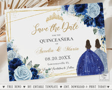 Load image into Gallery viewer, Chic Baby Blue Royal Blue Floral Twins Quince Girls Quinceañera Sweet 16 Birthday Save the Date Editable Template - Digital Printable File - Instant Download - QC92