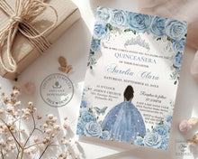 Load image into Gallery viewer, Baby Blue Floral Silver Brown Princess Quinceañera Sweet 16 Invitation Value Bundle Editable Templates, Instant Download, QC18