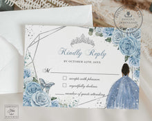 Load image into Gallery viewer, Baby Blue Floral Silver Brown Princess Quinceañera Sweet 16 Invitation Value Bundle Editable Templates, Instant Download, QC18