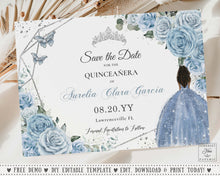 Load image into Gallery viewer, Baby Blue Floral Silver Brown Princess Quinceañera Sweet 16 Invitation Value Bundle Editable Templates, Instant Download, QC18