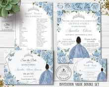 Load image into Gallery viewer, Baby Blue Floral Silver Brown Princess Quinceañera Sweet 16 Invitation Value Bundle Editable Templates, Instant Download, QC18