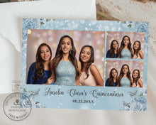 Load image into Gallery viewer, Baby Blue Floral Butterflies Silver Quinceañera Sweet 16 4"x6" 3 Frames Photo Booth Printable EDITABLE Template Quince 15 XV Download QC18