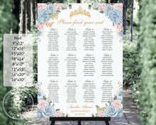 Load image into Gallery viewer, Baby Blue Pale Pink Floral Gold Quinceañera Sweet 16 Birthday Seating Chart Sign Editable Template - Digital Printable Files - Instant Download - QC55