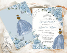 Load image into Gallery viewer, Chic Baby Blue Floral Blonde Girl Silver Quinceañera Sweet 16 Birthday Invitation Editable Template - Digital Printable File - Instant Download - QC18