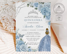 Load image into Gallery viewer, Chic Baby Blue Floral Blonde Girl Silver Quinceañera Sweet 16 Birthday Invitation Editable Template - Digital Printable File - Instant Download - QC18
