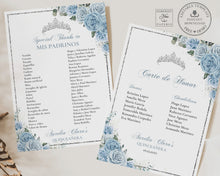 Load image into Gallery viewer, Baby Blue Floral Silver Brown Princess Quinceañera Sweet 16 Invitation Value Bundle Editable Templates, Instant Download, QC18
