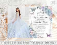 Load image into Gallery viewer, Baby Blue Pink Purple Lilac Floral Princess Silver Quinceañera Sweet 16 Birthday Invitation Editable Template - Digital Printable File - Instant Download - QC90