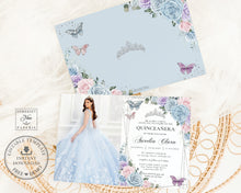Load image into Gallery viewer, Baby Blue Pink Purple Lilac Floral Princess Silver Quinceañera Sweet 16 Birthday Invitation Editable Template - Digital Printable File - Instant Download - QC90