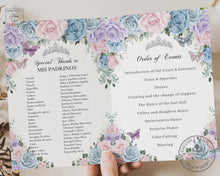 Load image into Gallery viewer, Baby Blue Pink Purple Floral Silver Quinceañera Sweet 15 Order of Events Padrinos Bi-Fold Program Editable Template - Digital Printable Files - Instant Download - QC90
