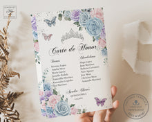 Load image into Gallery viewer, Baby Blue Pink Purple Floral Silver Quinceañera Sweet 15 Order of Events Padrinos Bi-Fold Program Editable Template - Digital Printable Files - Instant Download - QC90