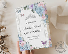 Load image into Gallery viewer, Baby Blue Pink Purple Floral Silver Quinceañera Sweet 15 Order of Events Padrinos Bi-Fold Program Editable Template - Digital Printable Files - Instant Download - QC90