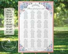 Load image into Gallery viewer, Baby Blue Pink Purple Floral Silver Quinceañera Sweet 16 Birthday Seating Chart Sign Editable Template - Digital Printable Files - Instant Download - QC90