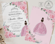 Load image into Gallery viewer, Chic Pink Roses Floral Quince Girl Silver Quinceañera Sweet 16 Birthday Invitation Editable Template - Digital Printable File - Instant Download - QC24