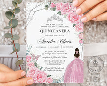 Load image into Gallery viewer, Chic Pink Roses Floral Quince Girl Silver Quinceañera Sweet 16 Birthday Invitation Editable Template - Digital Printable File - Instant Download - QC24