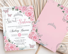 Load image into Gallery viewer, Pink Roses Floral Butterflies Silver Sweet 16 Birthday Invitation Editable Template - Digital Printable File - Instant Download - QC24