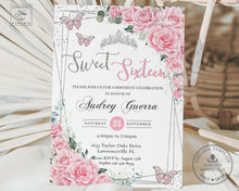 Load image into Gallery viewer, Pink Roses Floral Butterflies Silver Sweet 16 Birthday Invitation Editable Template - Digital Printable File - Instant Download - QC24