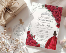 Load image into Gallery viewer, Red Roses Floral Princess Sweet 16 Silver Quinceañera XV Birthday Invitation Editable Template - Digital Printable File - Instant Download - QC19
