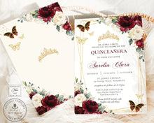 Load image into Gallery viewer, Burgundy White Ivory Floral Butterflies Gold Quinceañera Sweet 16 Birthday Invitation Editable Template - Digital Printable File - Instant Download - QC59