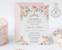 Load image into Gallery viewer, Blush Floral Butterflies Gold Quinceanera Sweet 16 Birthday Invitation Editable Template - Digital Printable File - Instant Download - QC7