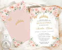 Load image into Gallery viewer, Blush Floral Butterflies Gold Quinceanera Sweet 16 Birthday Invitation Editable Template - Digital Printable File - Instant Download - QC7