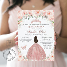 Load image into Gallery viewer, Chic Blush Floral Quince Girl Rose Gold Quinceañera Sweet 16 Birthday Invitation Editable Template - Digital Printable File - Instant Download - QC45