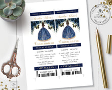 Load image into Gallery viewer, Chic Navy Blue Floral Quince Girl Gold Quinceañera Sweet 16 Birthday VIP Ticket Invitation Editable Template - Digital Printable File - Instant Download - QC17