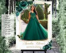 Load image into Gallery viewer, Chic Emerald Green Floral Gold Quinceañera Sweet 16 Birthday Photo Picture Welcome Sign Editable Template - Digital Printable File - Instant Download - QC9