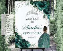 Load image into Gallery viewer, Chic Emerald Green Floral Brown Girl Dress Silver Quinceañera Sweet 16 Birthday Welcome Sign Editable Template - Digital Printable File - Instant Download - QC9