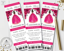 Load image into Gallery viewer, Chic Fuchsia Hot Pink Floral Quince Girl Silver Quinceañera Quinceanera Sweet 16 Birthday VIP Ticket Invitation Editable Template - Digital Printable File - Instant Download - QC71