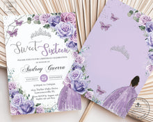 Load image into Gallery viewer, Lavender Lilac Purple Floral Silver Sweet 16 Birthday Invitation EDITABLE TEMPLATE Brown Princess Quinceañera INSTANT Download QC37