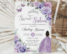 Load image into Gallery viewer, Lavender Lilac Purple Floral Silver Sweet 16 Birthday Invitation EDITABLE TEMPLATE Brown Princess Quinceañera INSTANT Download QC37