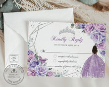 Load image into Gallery viewer, Purple Lavender Floral Brown Princess Silver Quinceañera Sweet 15 16th Birthday RSVP Reply Card Editable Template - Digital Printable Files - Instant Download - QC37
