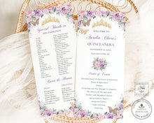 Load image into Gallery viewer, Purple Lilac Pink Floral Gold Quinceañera XV Birthday Slim Program Order of Events Padrinos Editable Template Digital Instant Download QC58