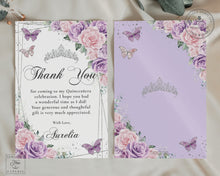 Load image into Gallery viewer, Purple Lilac Pale Pink Floral Silver Butterflies Quinceañera Sweet 16 Birthday Thank You Editable Template - Digital Printable File - Instant Download - QC58