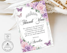 Load image into Gallery viewer, Purple Lilac Pale Pink Floral Silver Butterflies Quinceañera Sweet 16 Birthday Thank You Editable Template - Digital Printable File - Instant Download - QC58