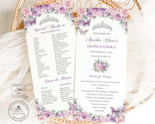 Load image into Gallery viewer, Purple Lilac Pale Pink Silver Quinceañera XV Birthday Slim Program Order of Events Padrinos Editable Template Digital Instant Download QC58