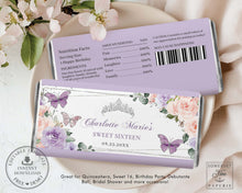Load image into Gallery viewer, Purple Lilac Blush Floral Silver Butterflies Chocolate Bar Wrapper, EDITABLE TEMPLATE, Quinceanera Birthday Aldi Hershey's Candy Labels Printable QC41