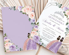 Load image into Gallery viewer, Purple Lilac Blush Floral Princesses Twins Silver Quinceañera Birthday Invitation Editable Template - Digital Printable File - Instant Download - QC41