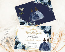 Load image into Gallery viewer, Chic Baby Blue Navy Blue Floral Twins Quince Girls Quinceañera Sweet 16 Birthday Save the Date Editable Template - Digital Printable File - Instant Download - QC91