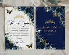 Load image into Gallery viewer, Navy Blue Floral Gold Butterflies Quinceañera Sweet 16 Birthday Thank You Editable Template - Digital Printable File - Instant Download - QC17