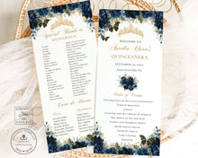 Load image into Gallery viewer, Navy Blue Gold Quinceañera XV Birthday Slim Program Order of Events Padrinos Editable Template Digital Instant Download QC17