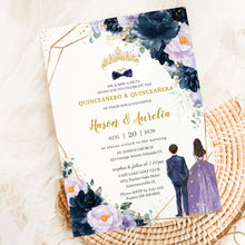 Load image into Gallery viewer, Quinceanera & Quinceanero Purple Lilac Navy Blue Floral Twins Boy Girl Invitation Card