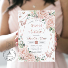 Load image into Gallery viewer, Blush Floral Butterflies Rose Gold Sweet 16 Sixteen Birthday Invitation Editable Template - Digital Printable File - Instant Download - QC76