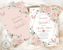 Load image into Gallery viewer, Blush Floral Butterflies Rose Gold Sweet 16 Sixteen Birthday Invitation Editable Template - Digital Printable File - Instant Download - QC76