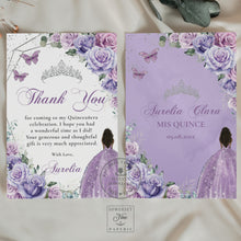 Load image into Gallery viewer, Purple Lavender Lilac Floral Brown Princess Silver Sweet 16 Birthday Quinceañera Thank You Card Editable Template - Digital Printable File - Instant Download - QC37