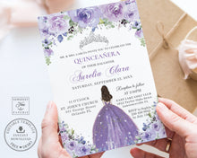 Load image into Gallery viewer, Purple Lilac Lavender Floral Princess Silver Quinceanera Sweet 16 Birthday Invitation Editable Template - Digital Printable File - Instant Download - QC3