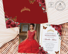 Load image into Gallery viewer, Red Floral Butterflies Photo Picture Quinceañera Sweet 15 Birthday Invitation Editable Template - Digital Printable File - Instant Download - QC13